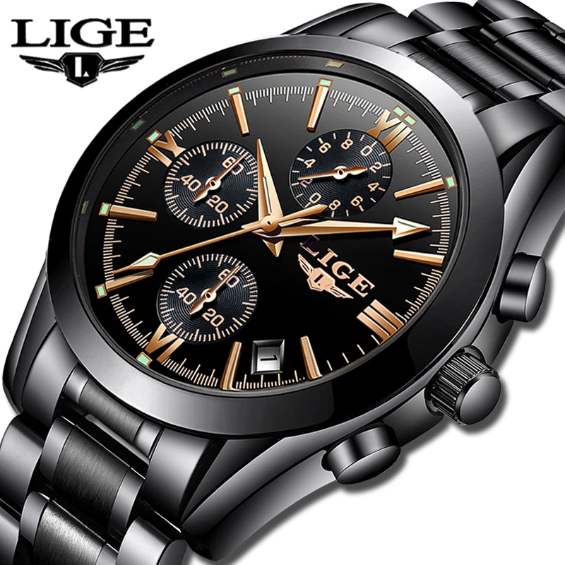 LIGE 9839 Stainless Quartz Men Casual Sports Quartz Chronograph Wristwatches